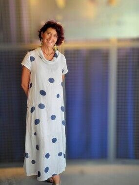 Linen Luv White Navy Polka Dot Cowl Neck Linen Maxi Dress Pockets Small
